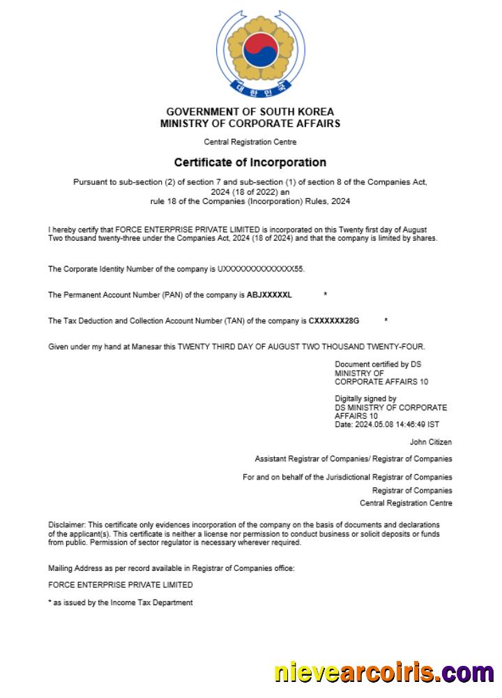 South Korea business registration certificate